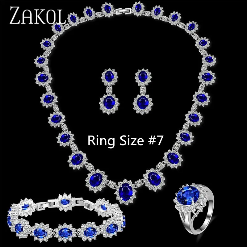 Full Set Size 7 Изысканный Овальный набор ювелирных изделий ZAKOL из голубого циркония с микро инкрустацией с роскошным белым цветом для подружки невесты ювелирные изделия FSSP018 - Окраска металла: Full Set Size 7