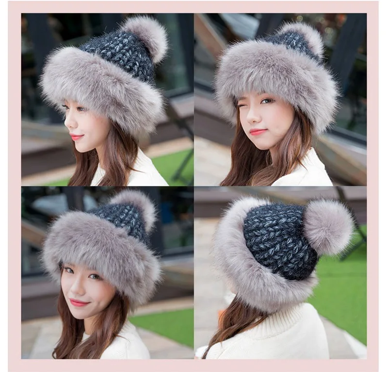 

Women Pompom Knitted Hat Female Winter Thick Warm Skullies Cap Ladies Outdoor Keep Warm Knit Russian Cossack Hat