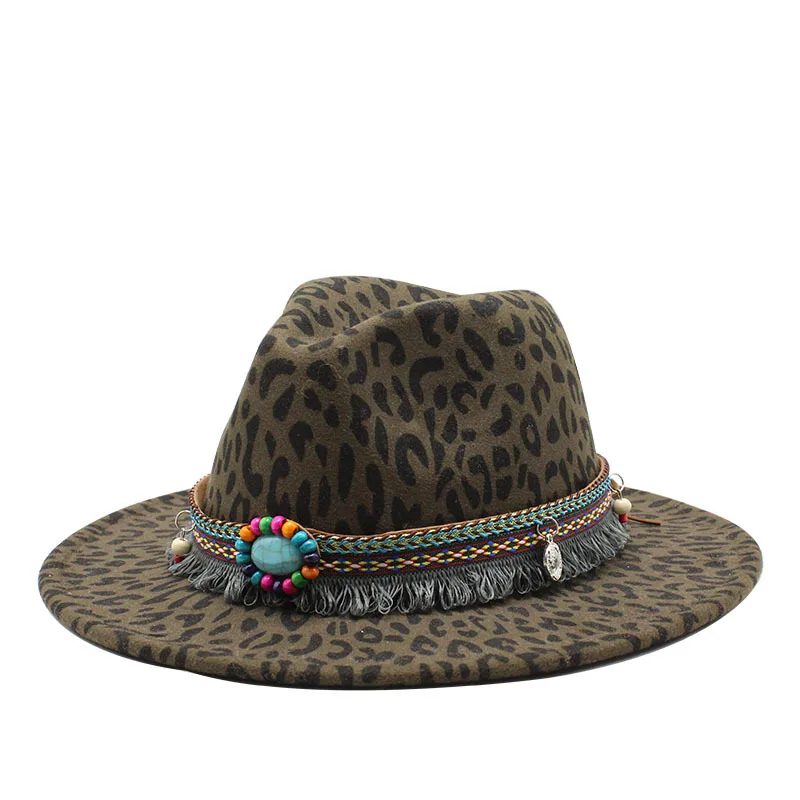 2020 new winter wool Fashion Leopard Printing Jazz Fedoras Men Women Vintage Trilby Cap Leisure Big Brim Felt Panama Hat | Аксессуары