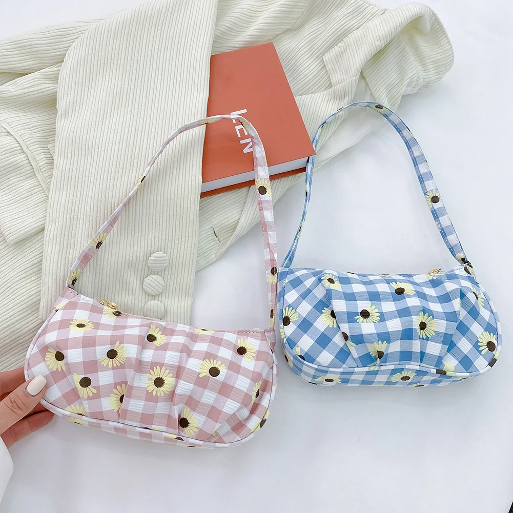 

Women Plaid Cloud Bags 2021 New Summer Canvas Pleated Small Shoulder Bag Girls Daisy Flower Print Tote Bag bolsos para mujer