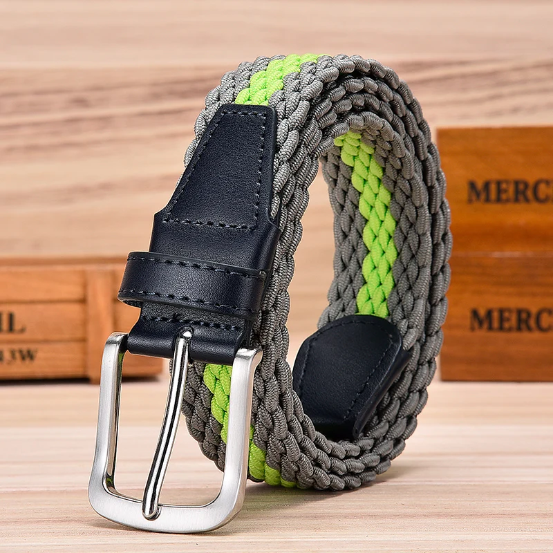Fashion Casual Stretch Woven Belt With Leather Tip Top Elastic Belts For Men Jeans Mixed Color Braided Strap Zinc Alloy Buckle