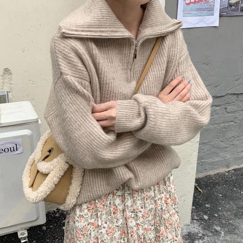

Women Sweater Oversize Zipper Knitted Pullover Long Sleeve Solid Color Loose Ladies Sweaters Autumn Winter Women's Turtleneck