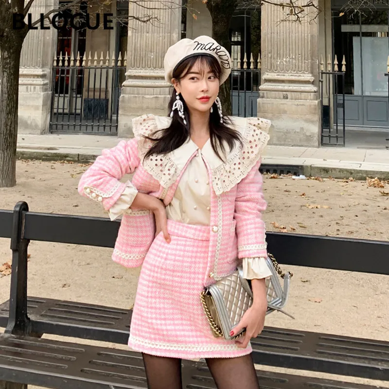 Женский костюм-тройка BLLOCUE розовый клетчатый твидовый пиджак в стиле пэчворк с