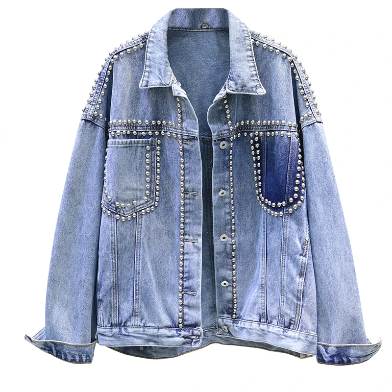 Vintage Women Jacket 2020 Autumn Winter Denim Jackets Washed Blue Rivet Jeans Coat Turn-down Collar Outwear Bomber P818 | Женская одежда