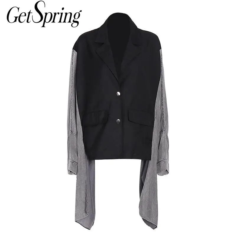 

GetSpring женский тренчкот с длинным рукавом, Лоскутная ветровка, женские пальто неправильной формы, Свободный Длинный тренчкот, весна-осень 2021