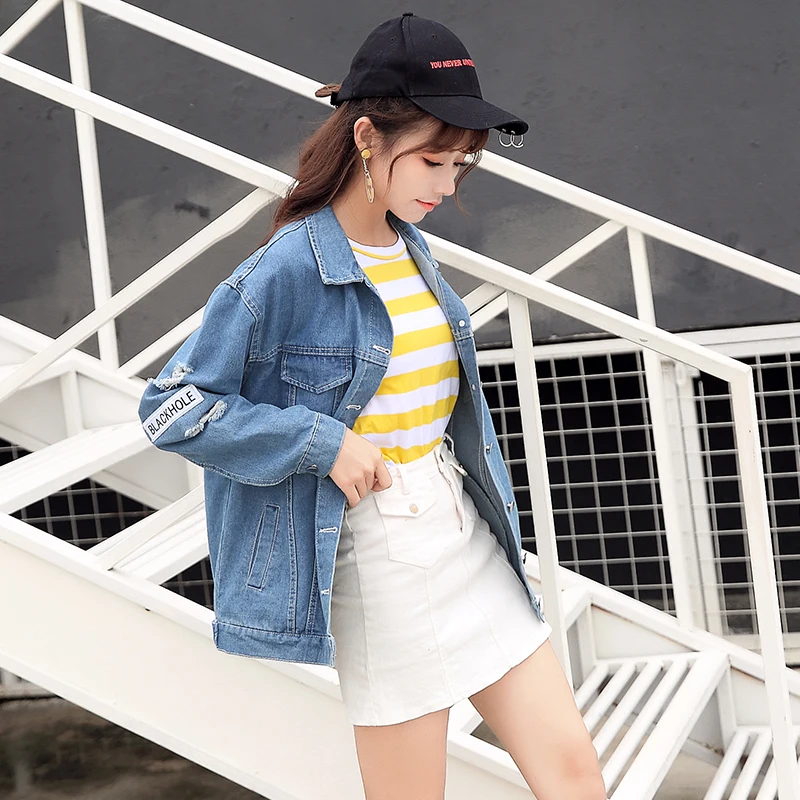 BF Ulzzang Студенческая женская джинсовая куртка с аппликацией и принтом где