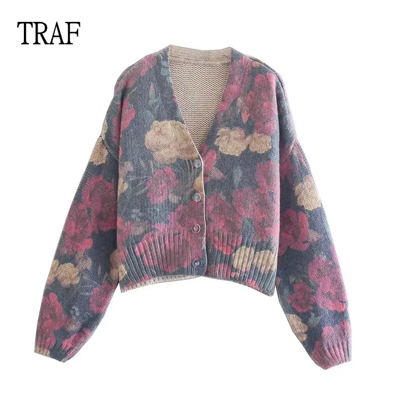 

TRAF Women Knitted Cardigan Women Sweater 2021 Y2K Jacquard Loose V-Neck Sweaters Female Autumn Vintage Warm Clothes Chic Top