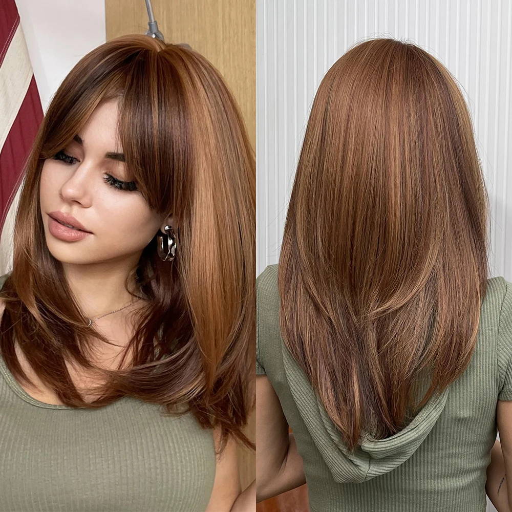 Element Synthetic Wigs Medium Straight Blonde Mixed Brown Bob with Bangs Wig for Women Cosplay Daily Heat Resistant Headband