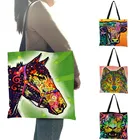 Картина маслом Стиль сумки-шопперы для женщин с принтом животных Лошадь Тигр Лен складная сумка на каждый день сумка на плечо сумка школы путешествия