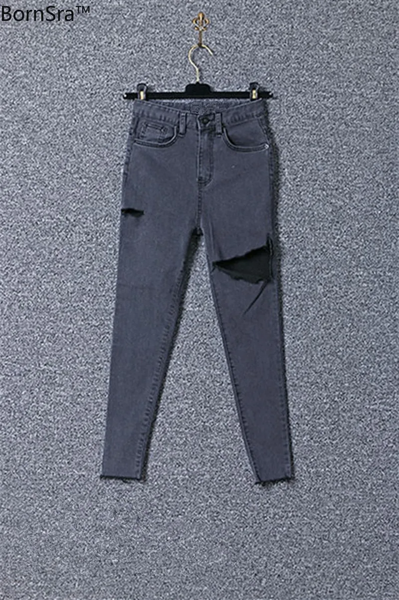 

Bornsra 2020 Blacek Solid Wash Skinny Jeans Woman High Waist Softener Streetwear Ripped Hole Black Female Jeans Fashionn