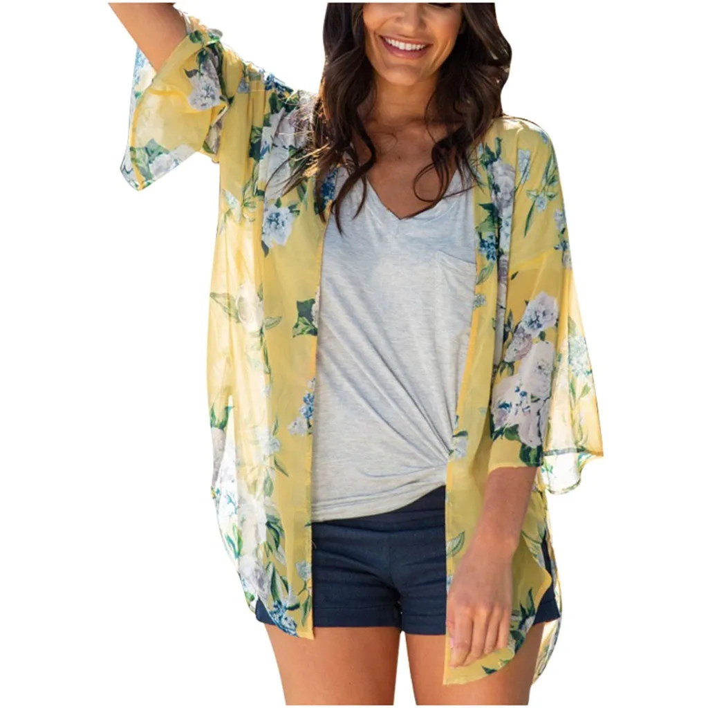 Летнее женское шифоновое пляжное кимоно с цветочным принтом кардиган блузка