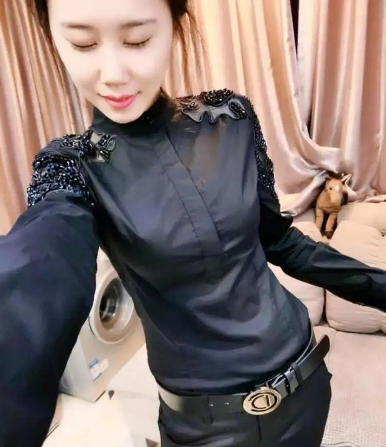 

European women Blouse Shirt fashion beaded stand collar Long Sleeve Blouses stretch Women Tops Slim shirt female r2127