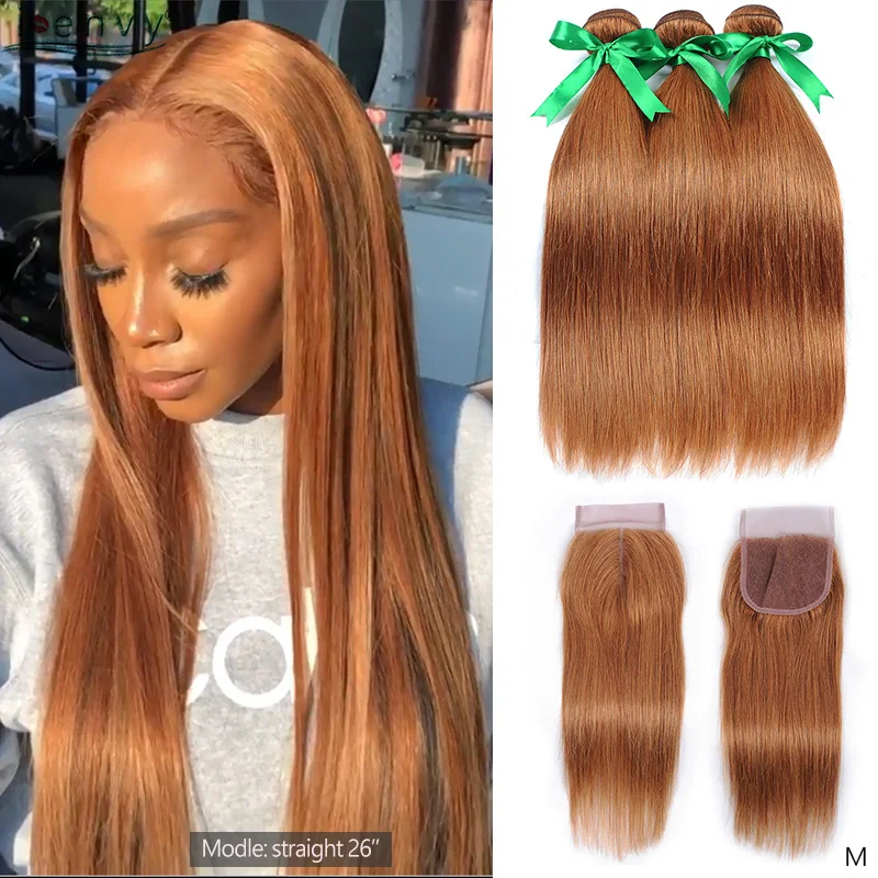 Ienvy Gold Blonde Bundles With Closure Straight Colored 30 Human Hair Bundles With Closure Brazilian Hair Weave Bundles Non-remy