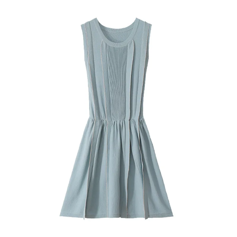 

HLBCBG 2021 Fashion New Blue Solid Sleeveless Bodaycon Dress Women Slim Fashion Pleated Casual Knitted Midi Dress Elegant