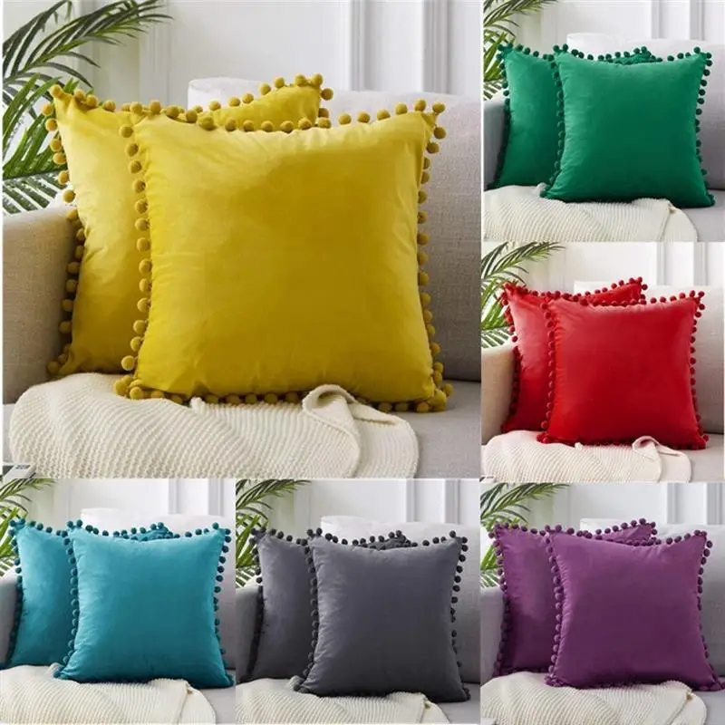 

Pillow Case Soft Velvet Cushion Cover Solid Colors Balls Throw Pillowslip for Sofa Bedroom Christmas Wedding Decorative