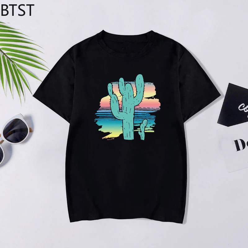 Футболка женская оверсайз с мультяшным принтом кактуса модная повседневная