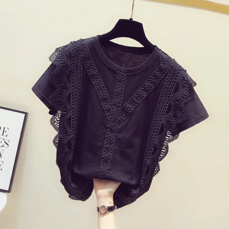 Женская футболка с короткими рукавами черная Повседневная круглым вырезом в