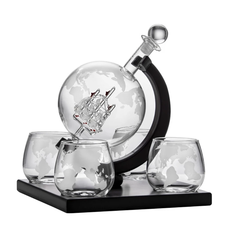 

Whiskey Decanter Globe Set with 4 Etched Globe Whisky Glasses - for Liquor 95AA