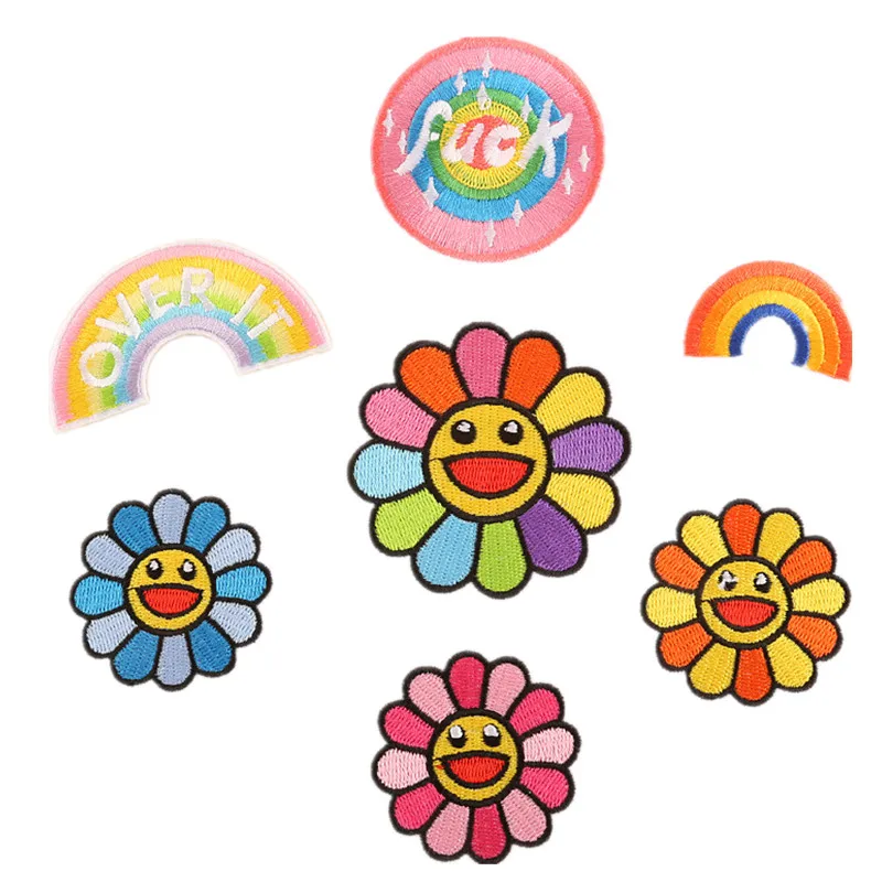 

New Colorful Smile Rainbows Sunflower Patch Embroidery Iron On Applique Floral for Kids Dress Clothes Cute DIY Badges Handwork