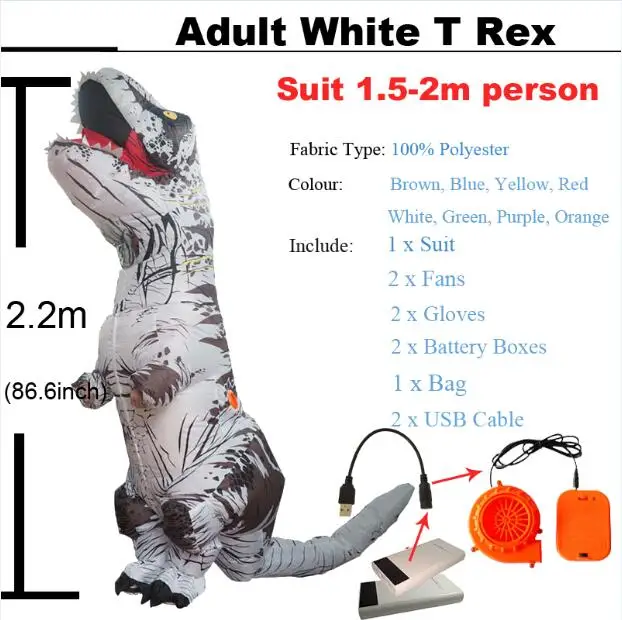 Adult White T rex Мир Юрского периода взрослый Велоцираптор Костюм надувной T REX Raptor костюм Косплей динозавр вечеринка Хэллоуин костюм для женщин и мужчин - Цвет: Adult White T rex