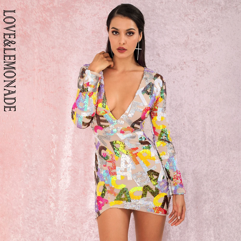 LOVE&LEMONADE, сексуальное, с глубоким v-образным вырезом, с вырезами, с буквенным принтом, с блестками, облегающее, с длинными рукавами, вечерние, мини-платья LM82121