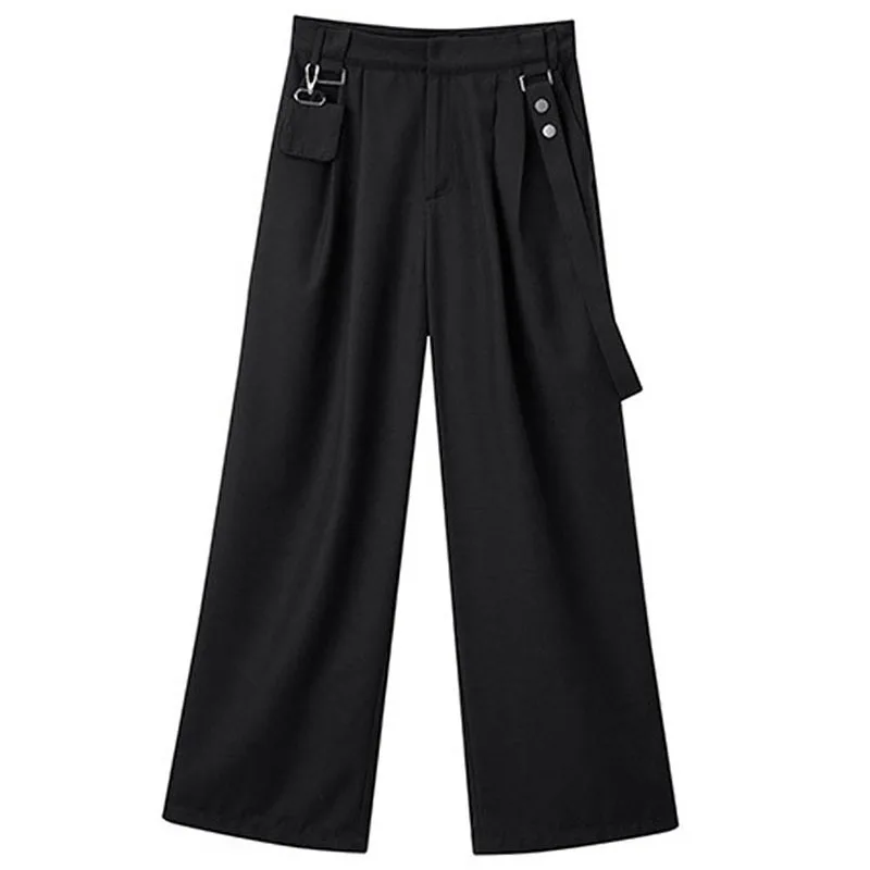 [EAM] High Waist Wide Leg Black Long Pleated Strap Trousers New Loose Pants Women Fashion Tide Spring Autumn 2021 1DD7758