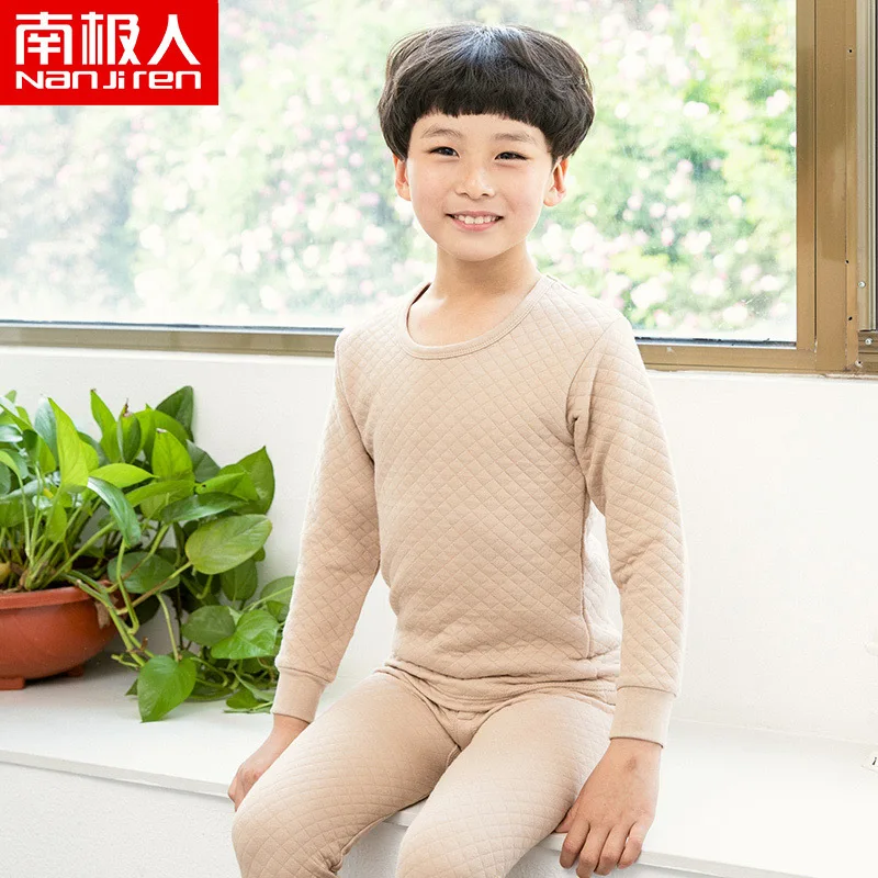 Round neck Khaki Антарктическое детское термобелье комплект хлопковой одежды в подростки теплозащитные воздушные рубашки для малышей осенняя одежда длинные штаны Три слоя холодного - Цвет: Round neck Khaki