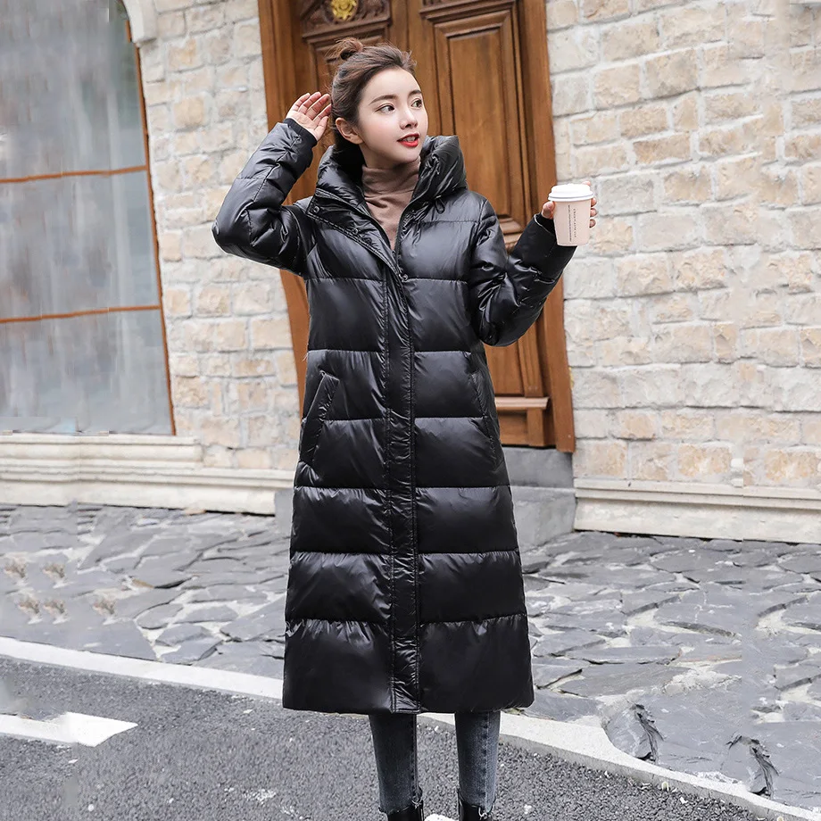 Glossy Down Jacket Women 2021 New Winter Hooded Parka White Duck Down Jacket Long Outwear Female Thick Warm Loose Puffer Jackets