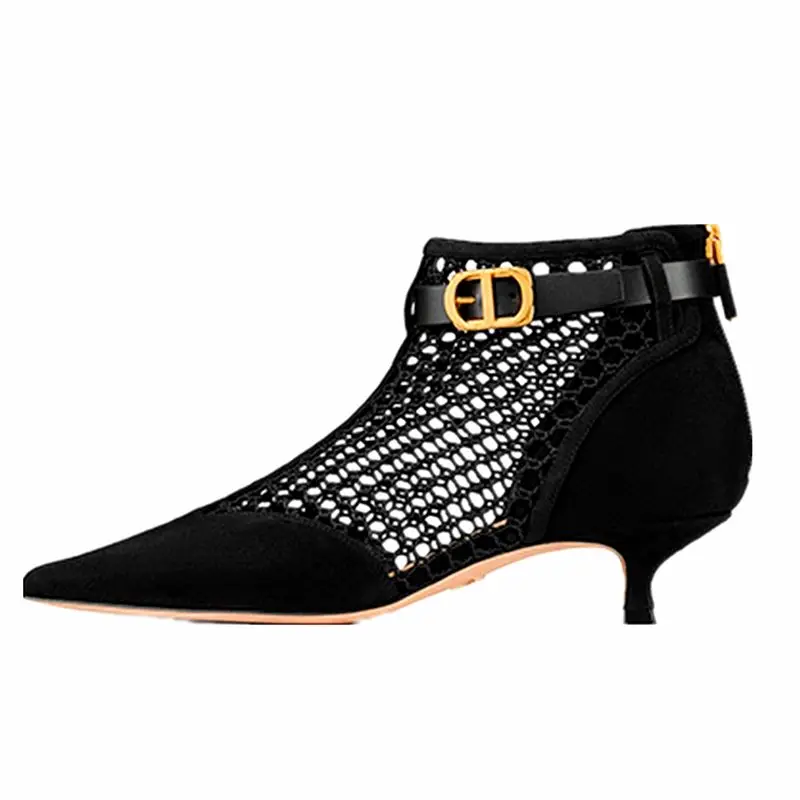 

New Fashion Hollow Out Pointed Genuine Leathe Large Size Shoes 34-43 Ankle Boots Low Heel Summer Mesh Women Sandal Booties