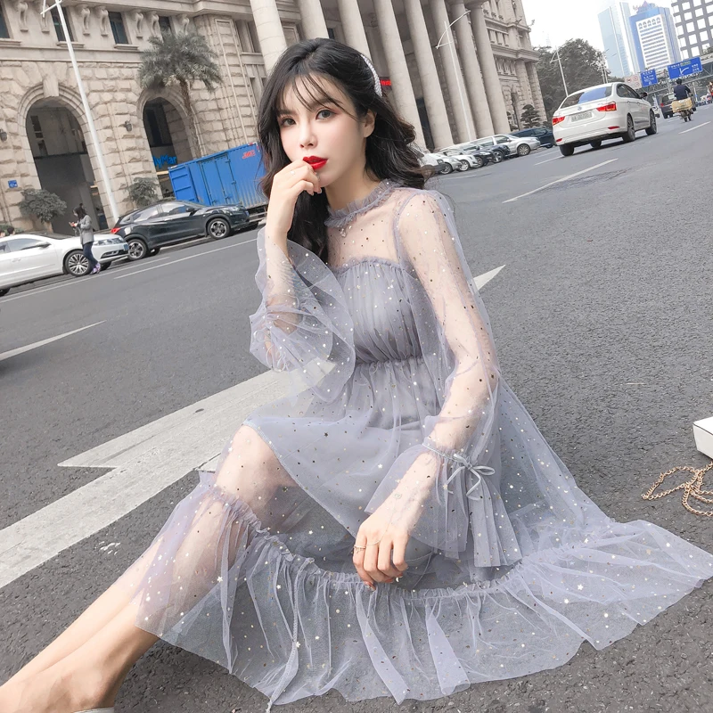 

HISUMA Women Flare Sleeve Ruffles Dress Elegant Lady A-Line Bling Star Sequined Slim Mesh Gauze Voile Pullover Party Lace Dress