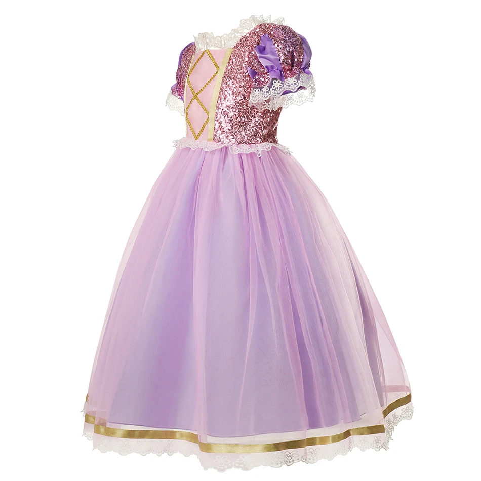 Disney Tangled Princess Costume for Girls Short Sleeve Sequined Mesh Ball Gown Kid Exquisite Rapunzel Party Dress Christmas Robe