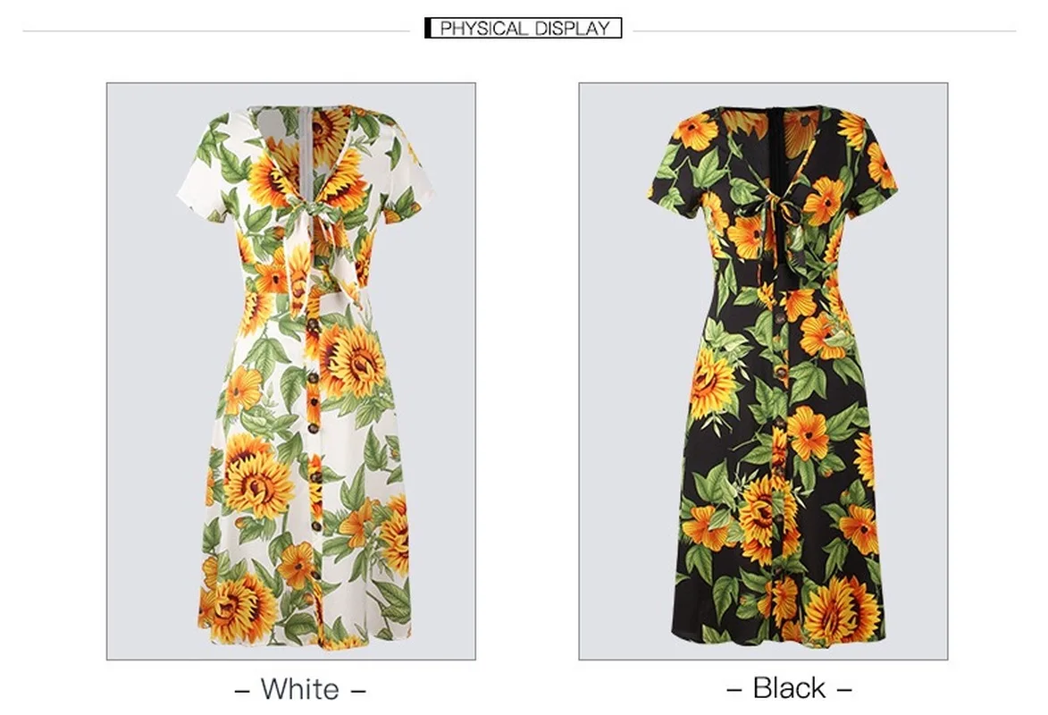 

Fashion Summer Women Dress Short Sleeve Print Dress Casual Floral Print Deep V-Neck Dress Knee Length Sexy Dress for Beach