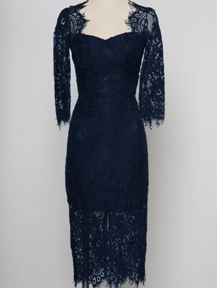 

BacklakeGirls 2021 New Summer Women Dark Blue Lace Cocktail Dress Vestidos Sexy 3/4 Sleeve Hollow Out Club Evening Party Dress