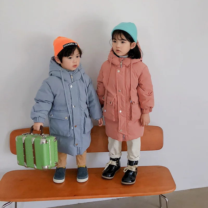 

Children's Down Jacket Medium Length Thickened Boys' And Girls' White Big Pocket Coat