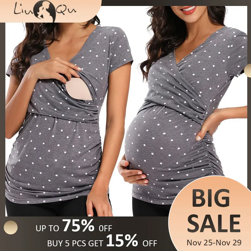 

Womens Maternity Clothes Breastfeeding Clothing Short Sleeve Pregnant Clothes Pleated Side Open Pregnancy T-Shirt Top