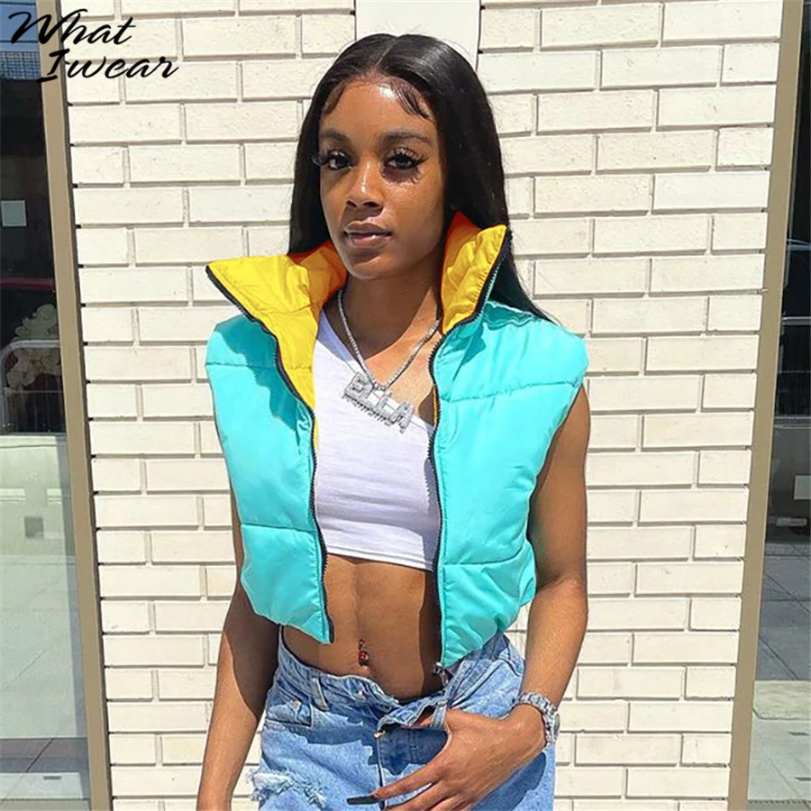 

Whatiwear Cotton Stuffing Warm Vest Winter Stand-up Collar Simple Streetwear Casual Zipper Wear On Both Sides Winter Tank Top