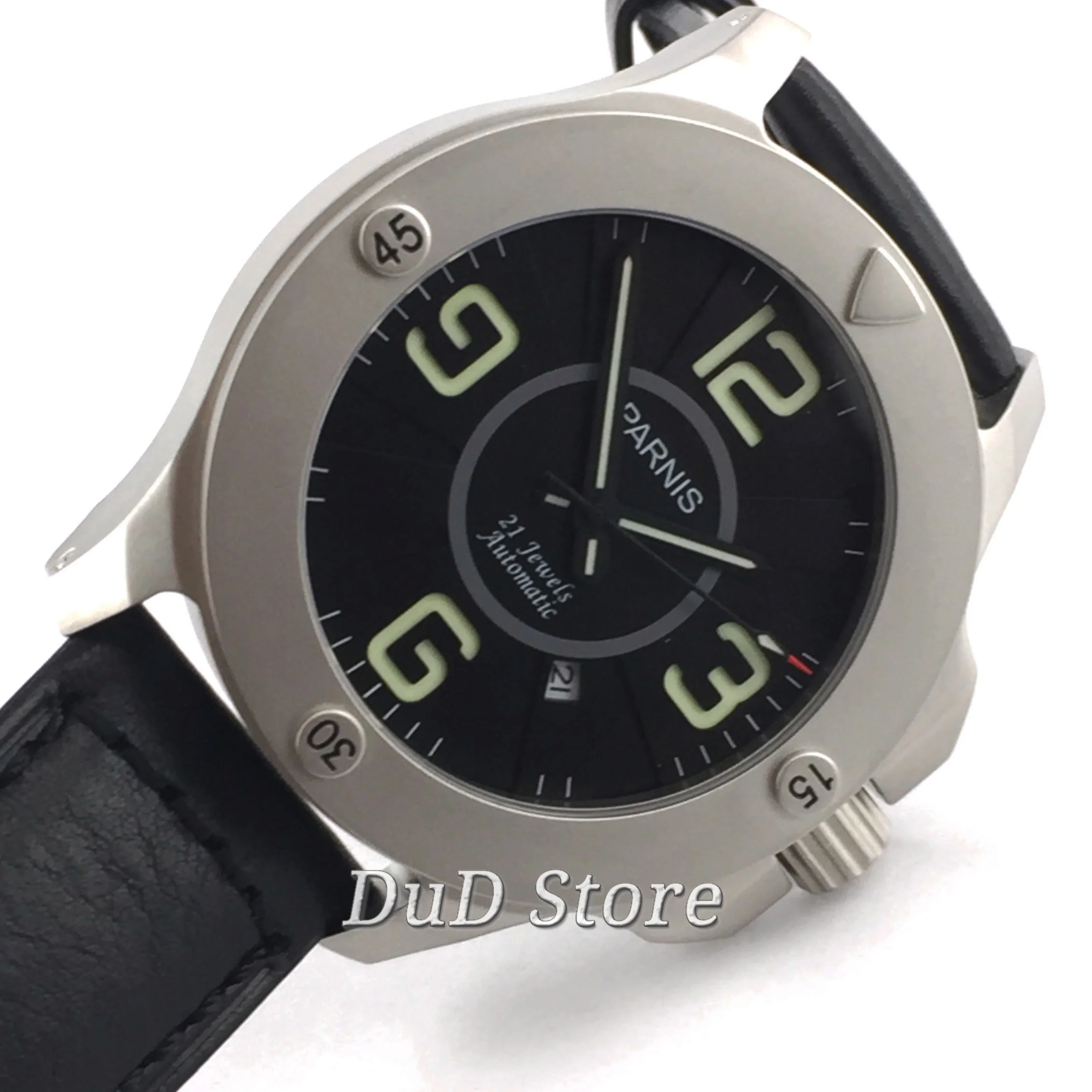 Мужские часы с кожаным ремешком Parnis черные Светящиеся Наручные miyota из