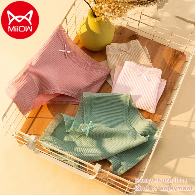 

Miiow 4Pcs Japanese Thread Cotton Thin Lace Girl Underwear Antibacterial Mid-Waist Cotton Womens Comfortable Breathable Briefs