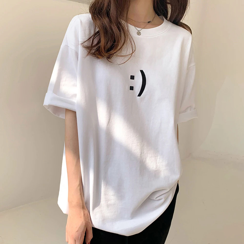 

T-Shirt Five-quarter Sleeve Multicolored T-shirt Crew Neck Round Neck Alphabet Ladies Fashion Simple Smile Figure Summer Loose