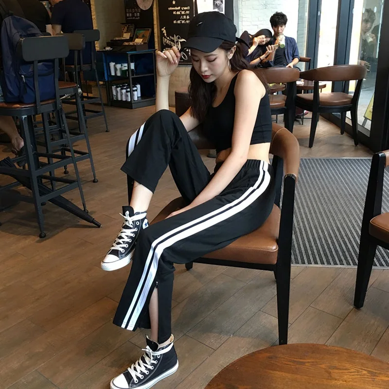 

Zipper Split Cropped Pants Streetwear Stripe Pants Tracksuit 2021 Women's Sports Pants Side Split Casual Loose Nine Trousers