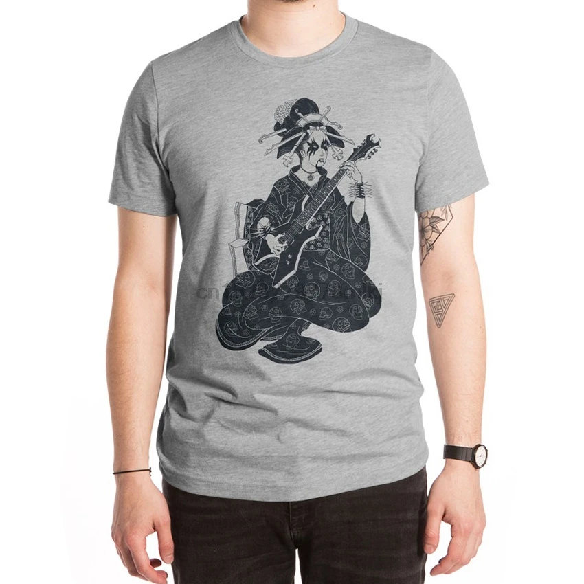 Черная металлическая футболка с гейшей японская пародия смешной юмористический