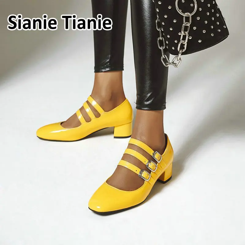

Sianie Tianie patent PU leather yellow black shoes chunky med heels buckle strap african women mary janes pumps big size 47 48