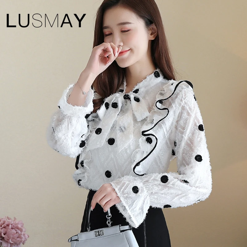 Корейская Повседневная рубашка в горошек Женская весенне-летняя шифоновая