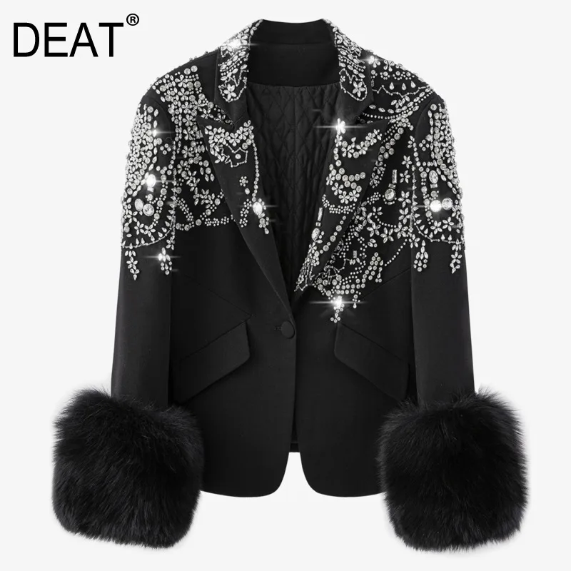 

DEAT 2021 spring And Winter New Fashion Lapel Removable Cuffs Single Button High Street Diamond Decoration Black Coat 7B0410
