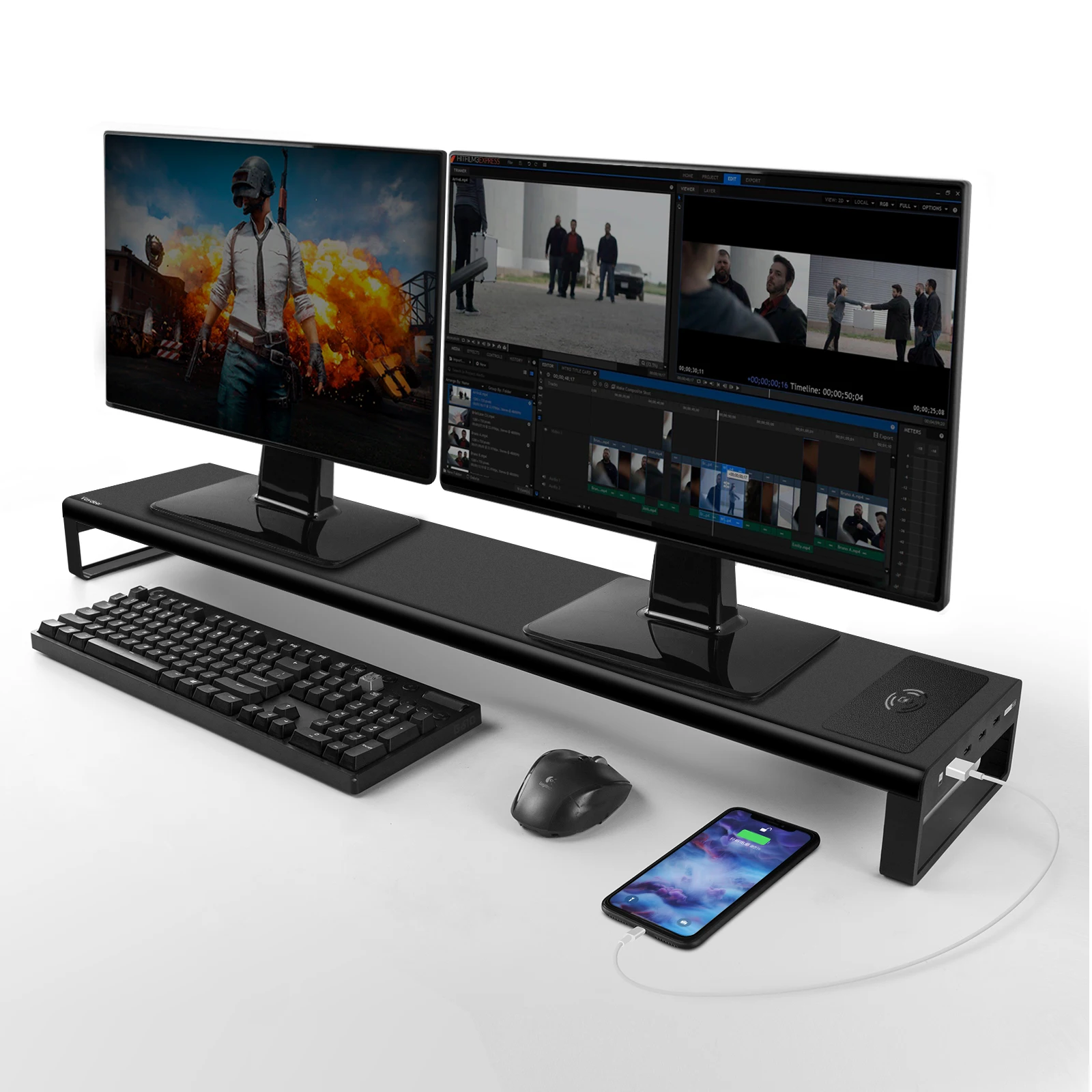 Dual Monitor Stand Aluminum Riser with Wireless Charging and 4 USB 3.0 Hub Ports Space Saving Desk Organizer | Компьютеры и офис
