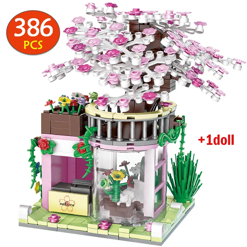 

386pcs Mini City Street View Orchid Architecture House Building Blocks Friends Cherry Blossom Figures Bricks Toys For Girls Gift