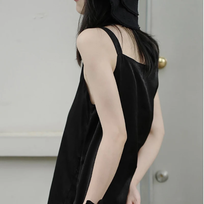 

SHENGPALAE Black Asymmetry Dress Women's Summer 2021 New Round Neck Spaghetti Strap Mid-calf Irregular Dresses Female Tide 5E149