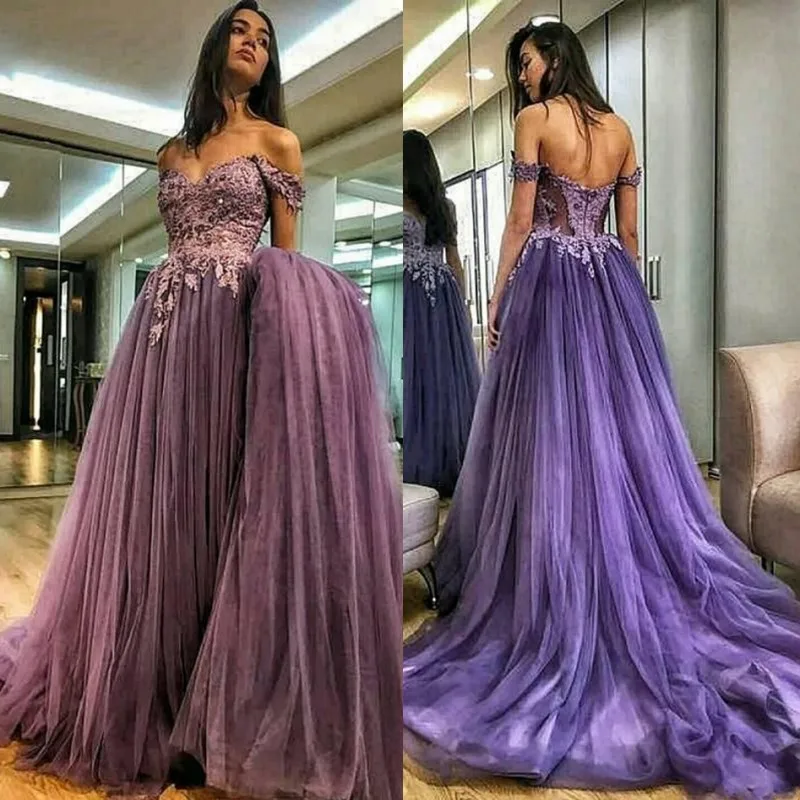 Off Shoulder Lace And Tulle Prom Dresses 2020 Zipper Back Sweep Train Evening Gowns Purple Formal Party Dress | Свадьбы и торжества