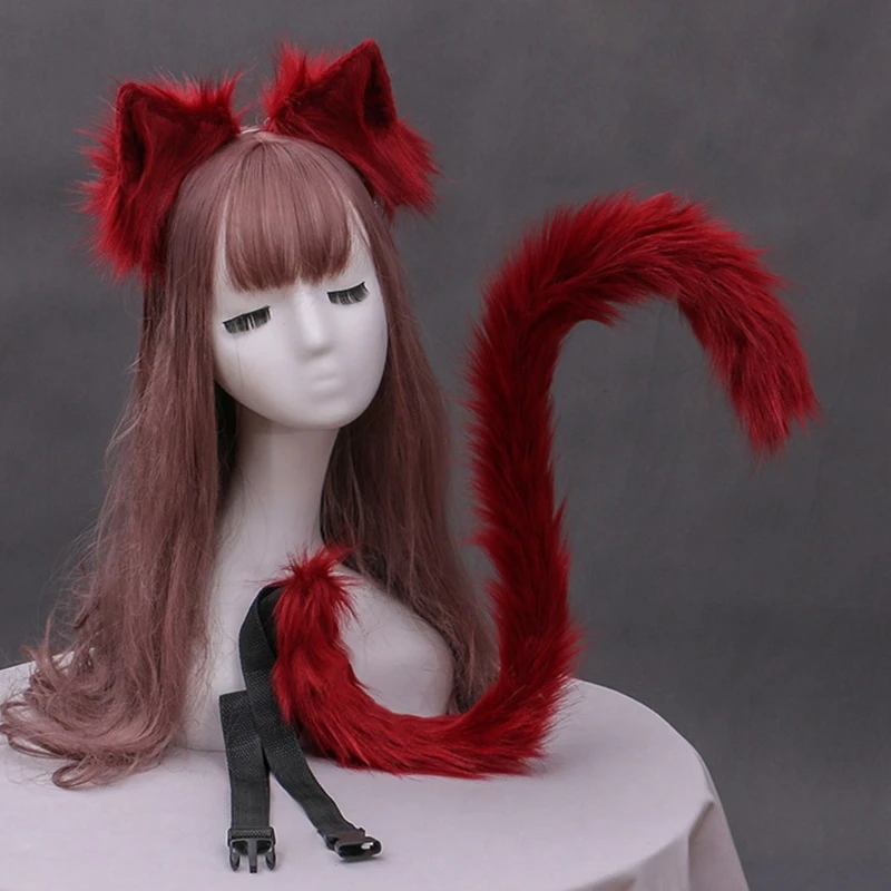 

Simulation Flurry Plush Kitten Ears Headband with Furry Fake Animal Long Tail Set Solid Color Anime Cosplay Accessories