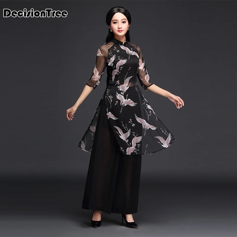 Женский шифоновый aodai вьетнамская традиционная одежда ao dai вьетнамские халаты и брюки цельный комплект женских платьев Улучшенный Чон